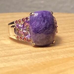 Charoite Amethyst & Garnet Ring Size 9 Sterling Silver 925 Floral Statement New
